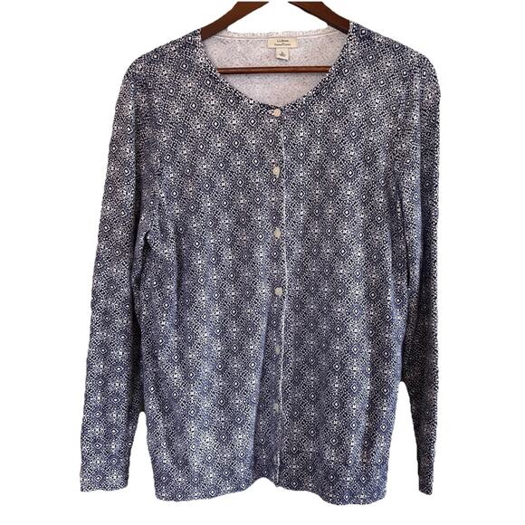 L.L. Bean Women’s Cardigan Blue & White Knit Button Front Supima Cotton Large - Picture 4 of 10